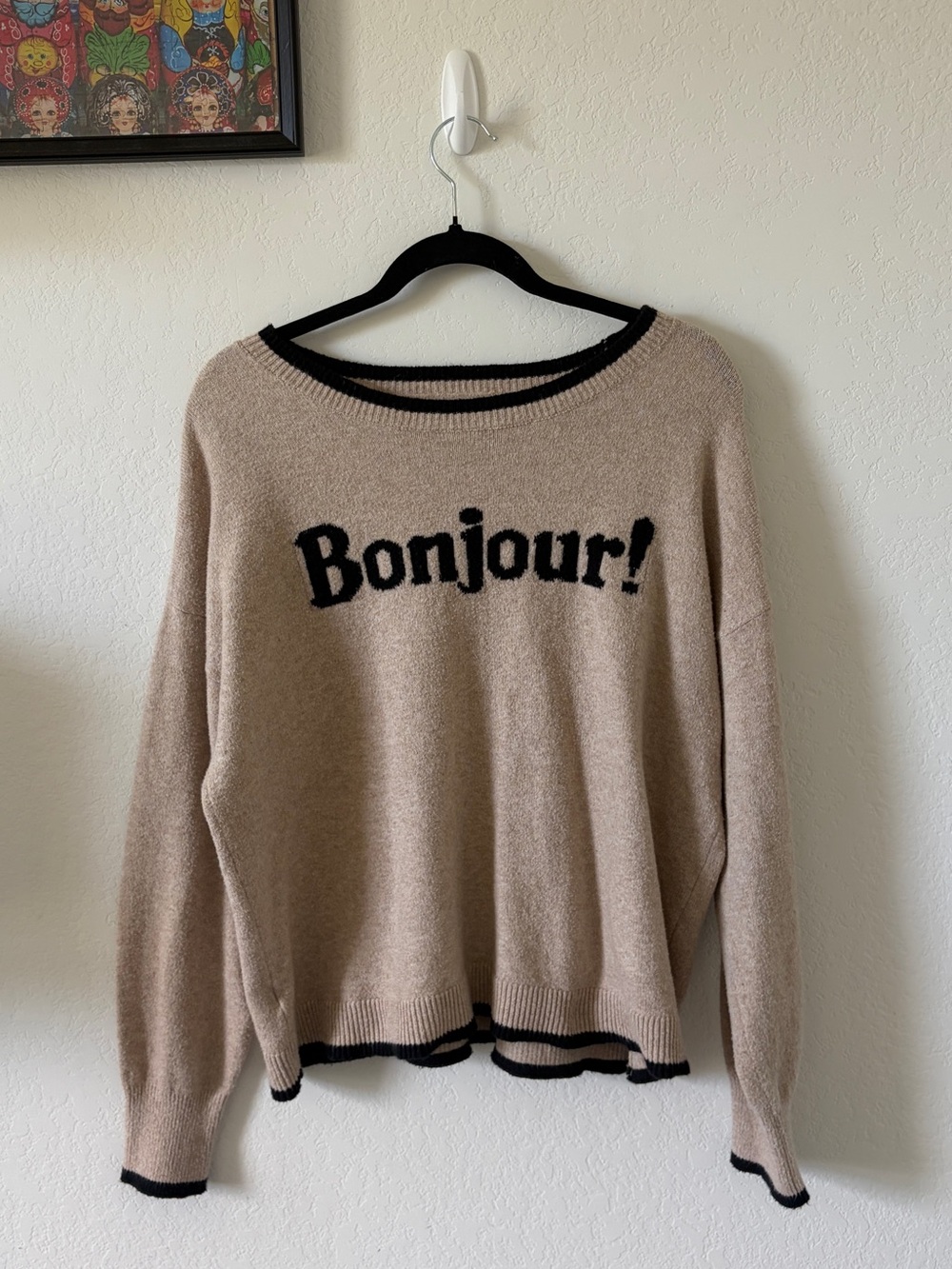 LOFT BONJOUR KNIT SWEATER OATMEAL TAN BLACK TRIM FRENCH GIRL SIZE L